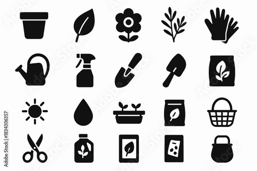 Gardening icon collection: tools, plants, and accessories in black silhouettes