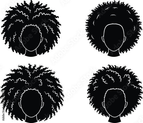 Stylized Afro Hairstyle Silhouette Vector Set, Illustrating Various Curly and Kinky Hair Textures in Black and White, Representing African Culture, Natural Beauty, Identity, and Diverse Hair Styles.