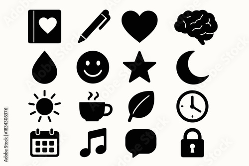 Set of black icons: heart, brain, sun, moon, leaf, clock, and more symbols