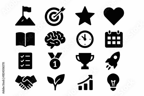 Set of black icons including trophy, brain, rocket, and more