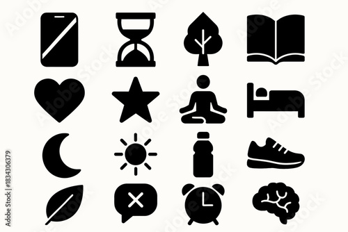 Silhouette icons: technology, nature, fitness, and wellness symbols
