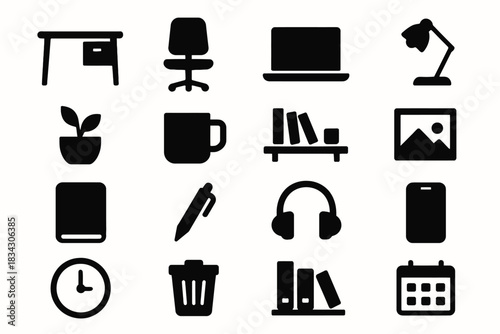 Office essentials icons: desk, chair, laptop, lamp, plant, mug, books, picture, book, pen, headphones, trash, clock, binder, calendar