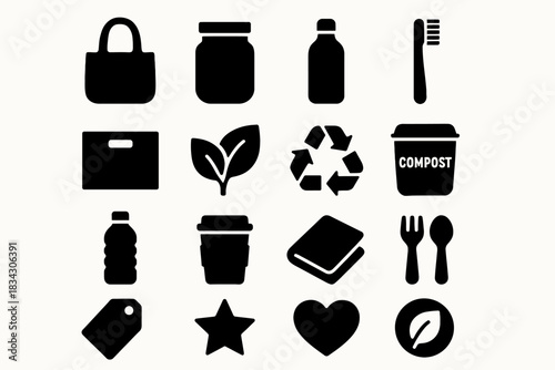 Eco-friendly icons set: recycle, compost, sustainability symbols for green living