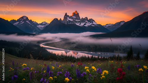 Majestic Mountains Sunrise Over Misty Valley Wildflowers