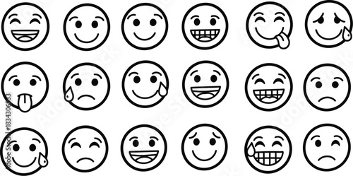 Full Mood Emoji Icon Collection – Diverse Vector Face Reactions Showing Happiness, Anxiety, Shock, Tears, Anger, Love, and Humor for Messaging and Digital Media