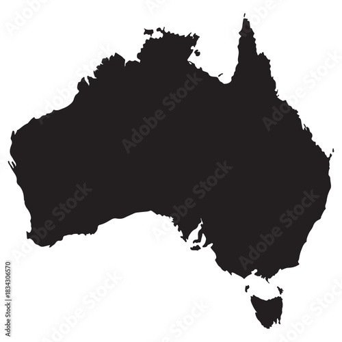 Solid black Australia map silhouette, flat vector, isolated on white