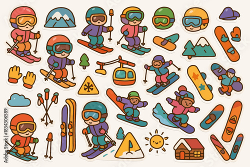 Colorful cartoon ski stickers featuring kids and winter activities