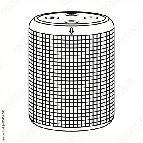 Monochrome black and white vector illustration of a cylindrical smart speaker with clean mesh-line patterns and minimal contour design, perfect for smart home technology graphics and modern digital in
