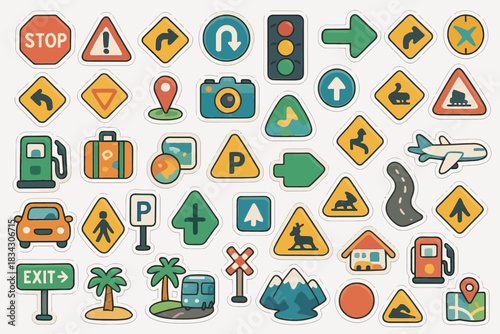 Variety of colorful travel-related road and traffic signs and icons