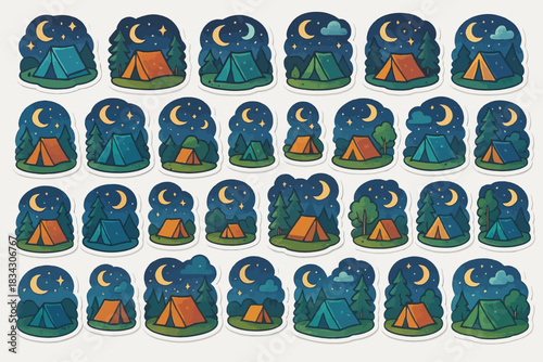 Multiple camping scenes: night sky, tents, crescent moon, stars, trees