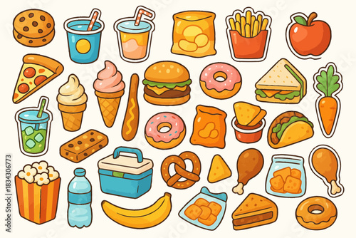 Colorful assortment of delicious snacks and fast food items