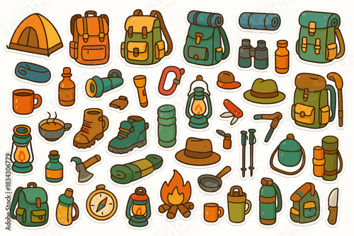 Colorful camping gear collection: tents, backpacks, lanterns, hiking boots, and more
