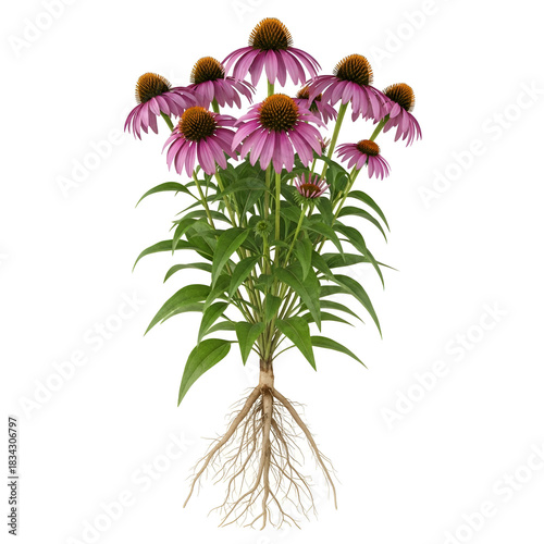 Echinacea purpurea mature plant with purple flowers and roots