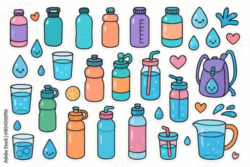 Colorful cartoon water bottles and hydration icons on white background