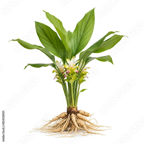 Curcuma aromatica mature plant with roots and flowers