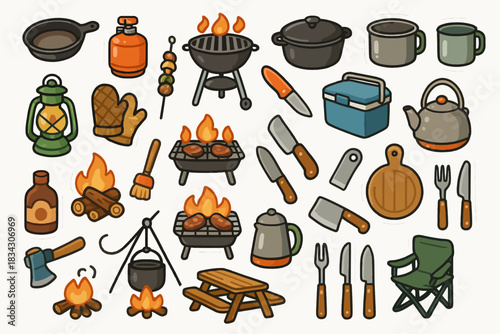 Colorful array of camping gear and outdoor cooking equipment illustrations