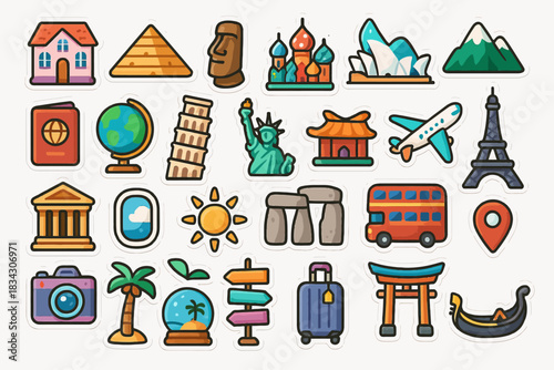 Colorful travel icons featuring landmarks, transportation, and vacation elements