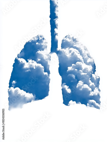 Light blue minimalist watercolor design for oncology post, showing lungs shaped like a cloud in a cloudy sky, highlighting the impact of air on health.