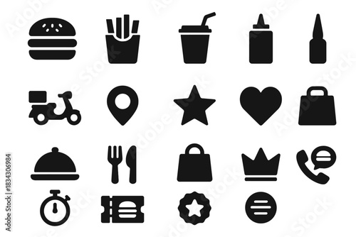 Food and navigation icons: burger, fries, drink, and more