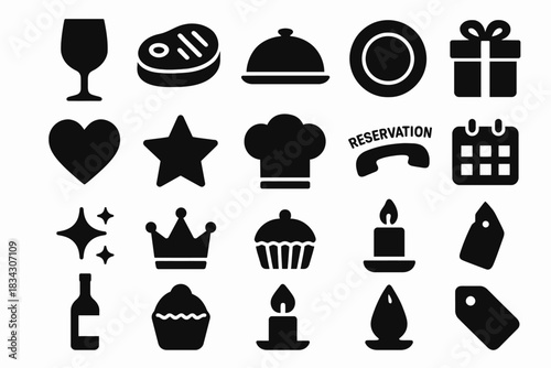 Collection of restaurant and event symbols: food, drink, celebration, reservation, dining