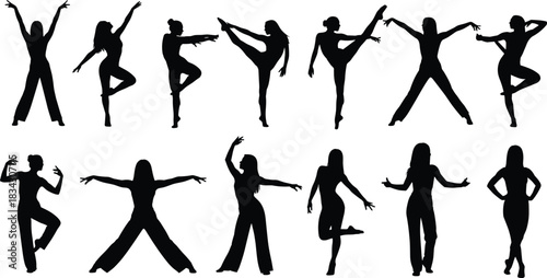 Women's Stretching and Dance Silhouette Vector Collection, Illustrating Female Figures in Dynamic High-Kick Poses, Emphasizing Flexibility, Aerobics, Athletic Movement, Fitness Training, 