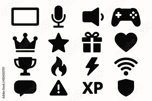 Collection of gaming and communication icons: microphone, controller, wifi, gift, xp
