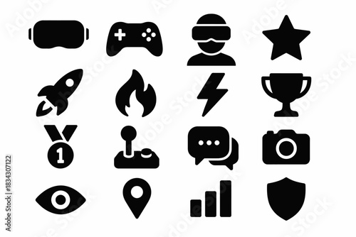 Gaming and technology icons: vr, controller, trophy, rocket, fire, camera, eye, map pin