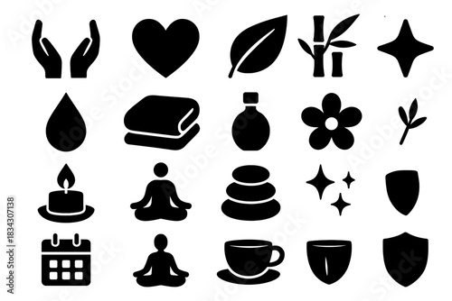 Minimalist icons for meditation and wellness: yoga, nature, and self-care symbols