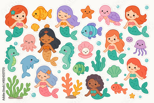 Cute cartoon mermaids and sea creatures in underwater adventure illustration