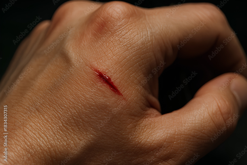 Fototapeta premium A close-up shot of a fresh, bleeding cut on the back of a person's hand, showing minor skin injury.