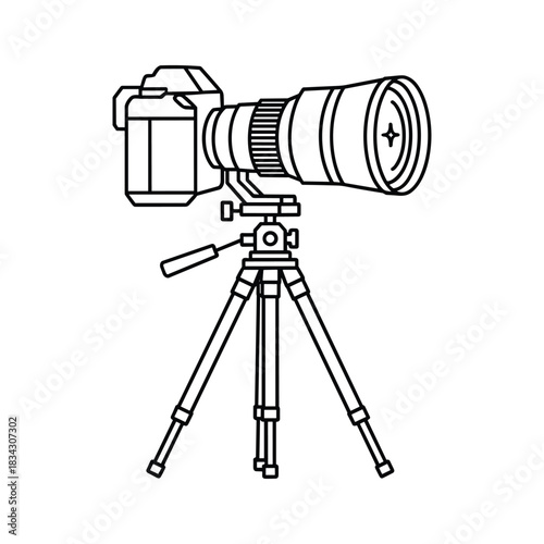 Professional Camera with Telephoto Lens on Tripod Line Art