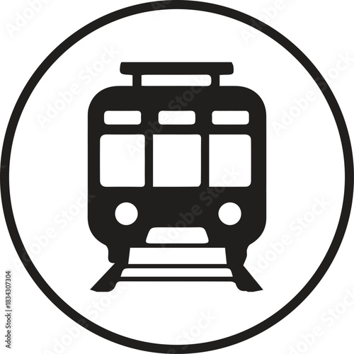 Simple black and white icon of a tram or trolley in a circle