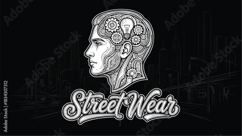 Street Wear Concept: Human Head with Gears and Lightbulb.