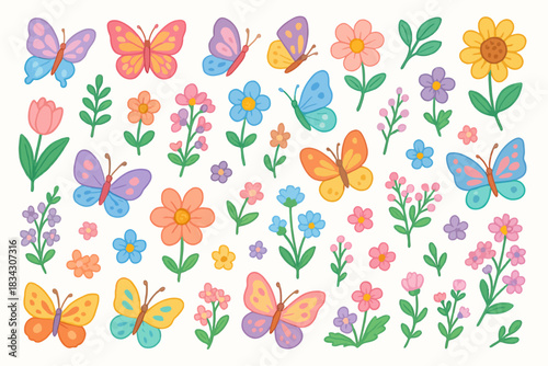 Colorful butterflies and flowers pattern with vibrant floral elements