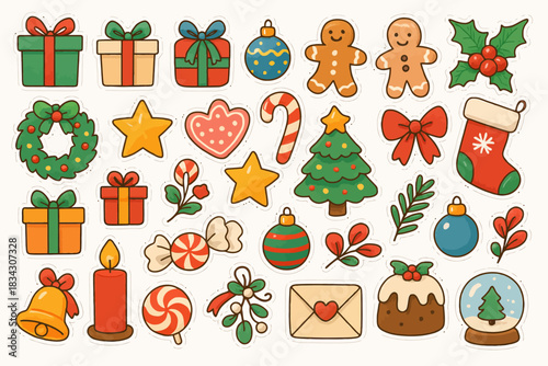 Colorful christmas sticker collection with presents, gingerbread, and festive decorations