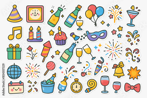 Colorful new year celebration elements with party icons and festive decorations
