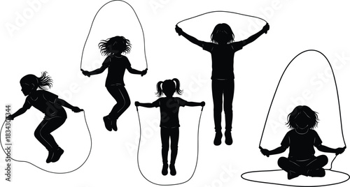 Active Children Jump Roping Silhouette Vector Collection, Illustrating Young Girls Skipping and Playing with Rope, Emphasizing Childhood Games, Physical Fitness, Fun Exercise, and Outdoor Recreation.