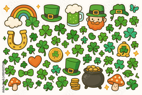 Colorful st. patrick's day symbols with shamrocks and leprechaun hat