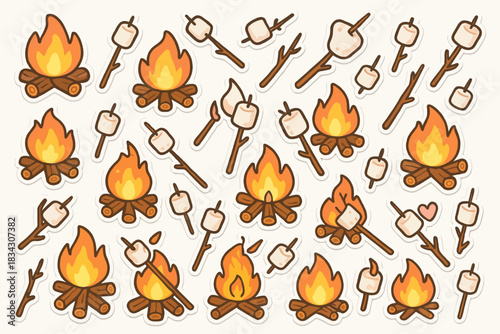 Cute campfire and marshmallow stickers collection for camping enthusiasts