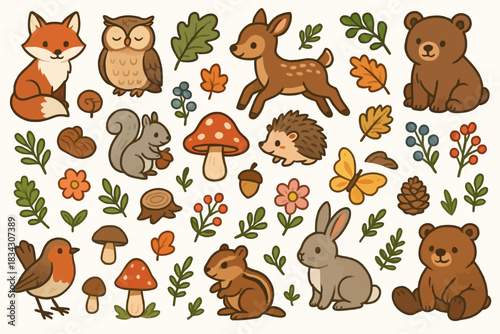 Cute woodland animals and nature elements in a playful pattern