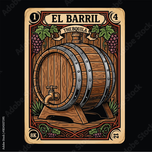 Elegant vintage wooden barrel illustration featuring a tap, lush grapevines, and a decorative border, perfect for beverage, winery, or distillery designs