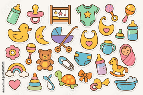 Colorful baby items and toys collection with pacifiers, rattle, and stuffed bear