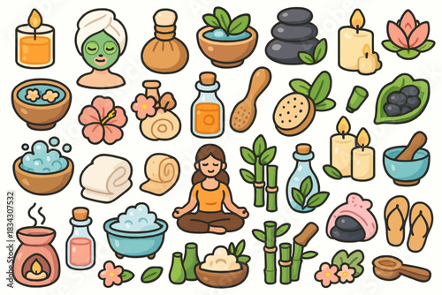Wellness and relaxation icons: spa, meditation, and nature elements