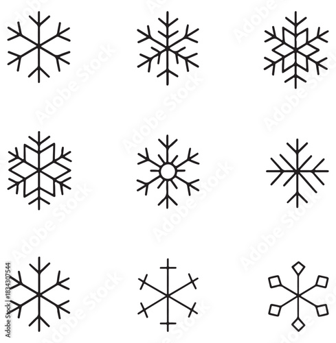 Vector Set of Nine Unique Snowflake Icons - Simple Black Outline Winter Symbols.