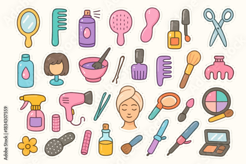 Illustrated collection of colorful hair and makeup tools and accessories