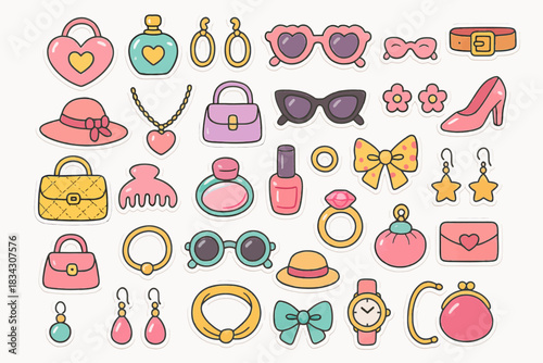 Colorful fashion accessories collection: hats, sunglasses, jewelry, and more