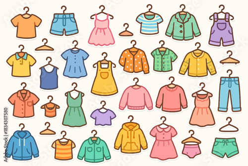 Colorful cartoon clothing collection on hangers including shirts, pants, and dresses