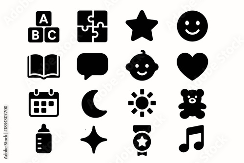 Black icons set: shapes, faces, objects, and symbols in simple design