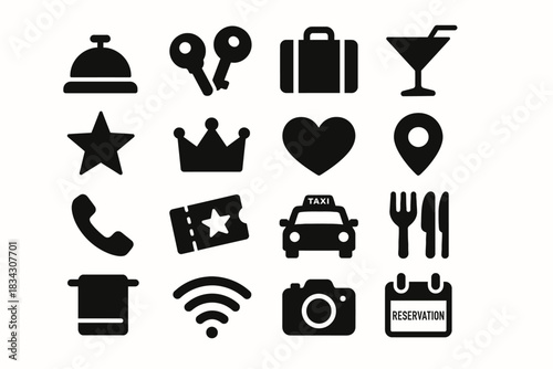 Collection of black hotel and travel icons on white background