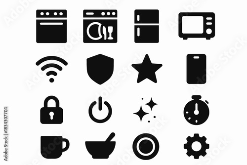 Kitchen and technology icons collection: appliances, security, and connectivity symbols